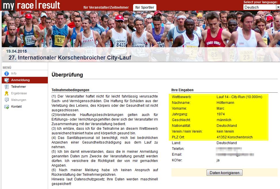 Anmeldung 27. Internationaler Korschenbroicher City-Lauf