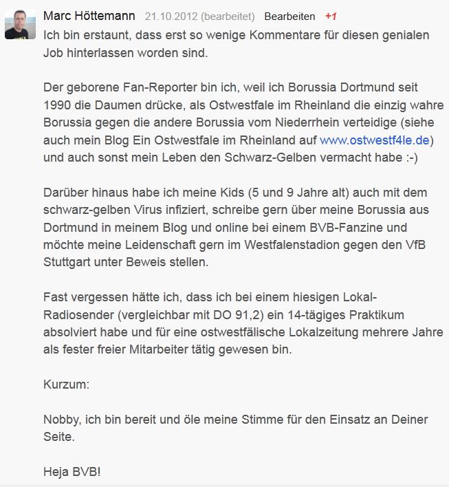 Borussia Dortmund – Google+ Bewerbung Fan-Reporter BVB Norbert Dickel