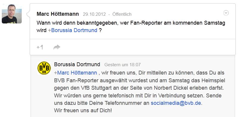 Borussia Dortmund – Google+ Bewerbung Zusage Fan-Reporter BVB Norbert Dickel