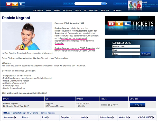 DSDS RTL  Daniele Negroni 2012 Sieger Deutschland sucht den Superstar Fail Tickets