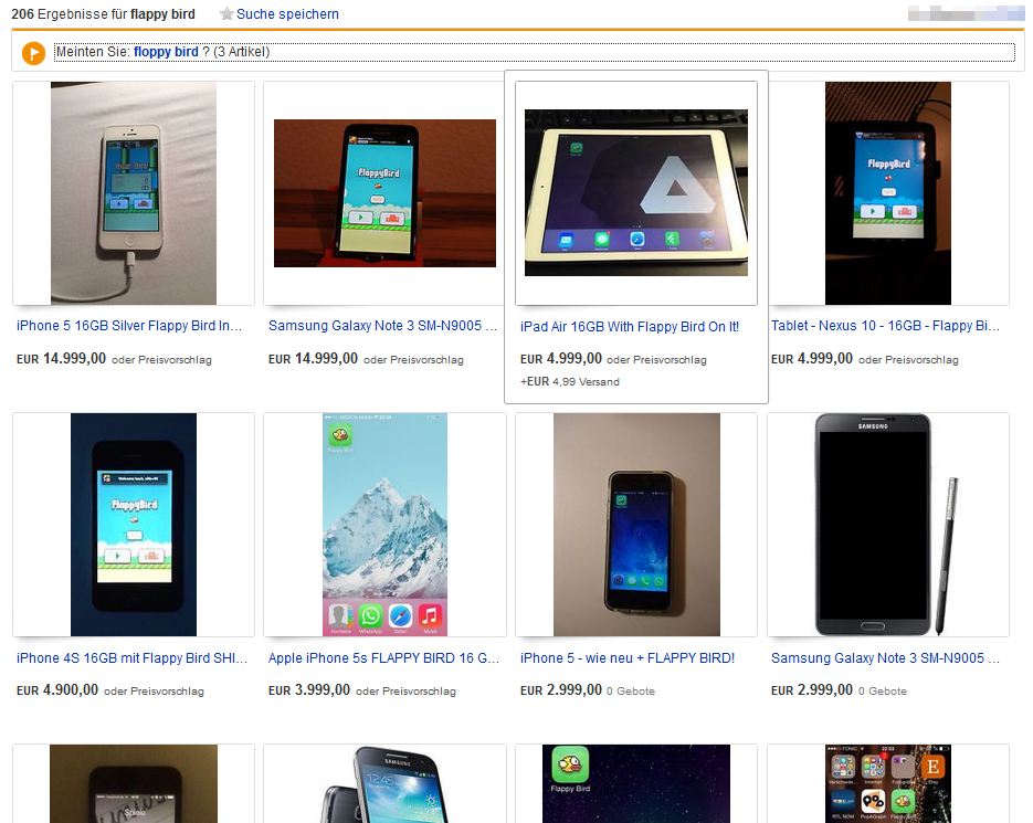 Flappy Bird ebay Auktionen Angebot Smartphone