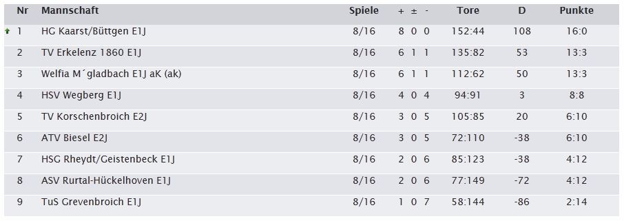 Handball Tabelle 8. Spieltag Saison 2013 2014 E1 HG Kaarst Büttgen