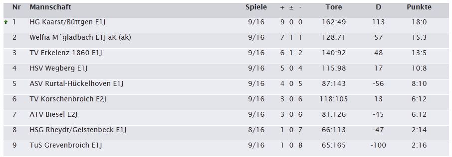 Handball Tabelle 9. Spieltag Saison 2013 2014 E1 HG Kaarst Büttgen