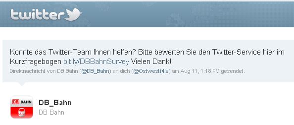 Kundenzufriedenheit Deutsche Bahn Twitter Direct Message