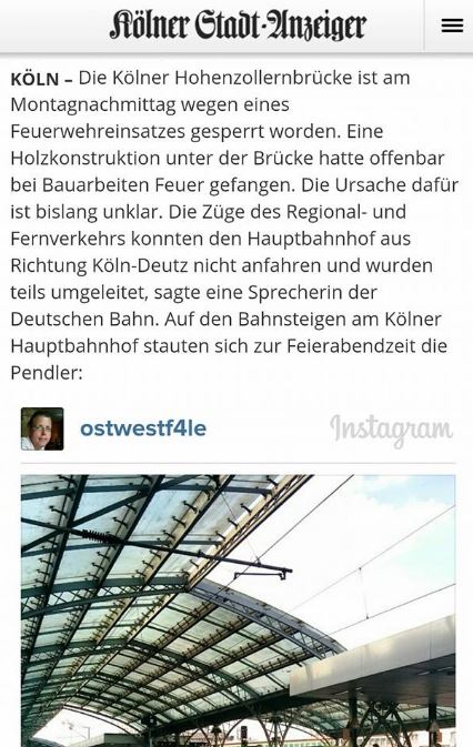 Kölner Stadt-Anzeiger Brand Hohenzollernbrücke