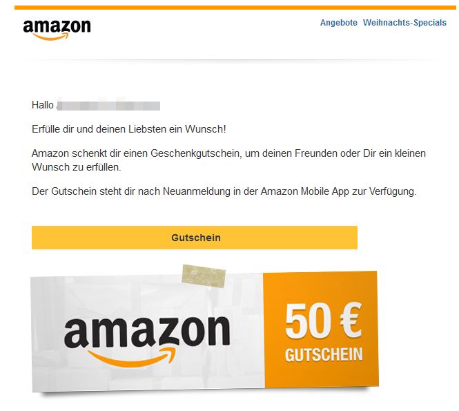 Weihnachtsaktion Amazon Gutschein Spam Betrug